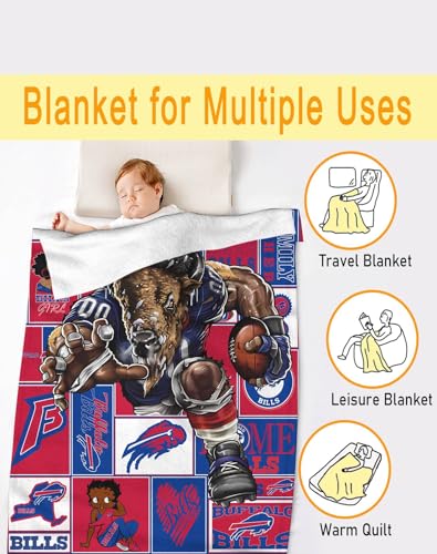 American Football Buffalo Throw Blanket - L80 x W60 - Team Colors & Logo - Outdoor, Travel, Game Day