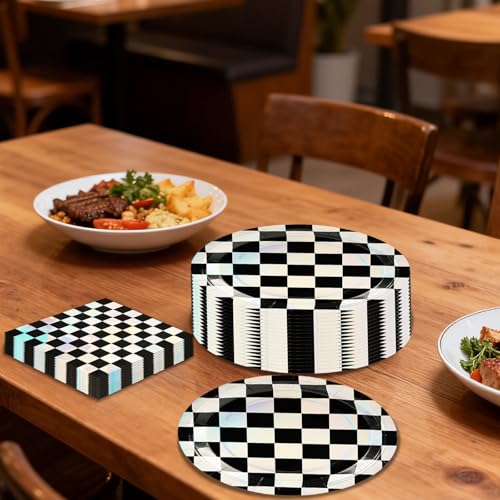 Checkered Race Car Party Plates and Napkins Set - 50 Piece Disposable Kit