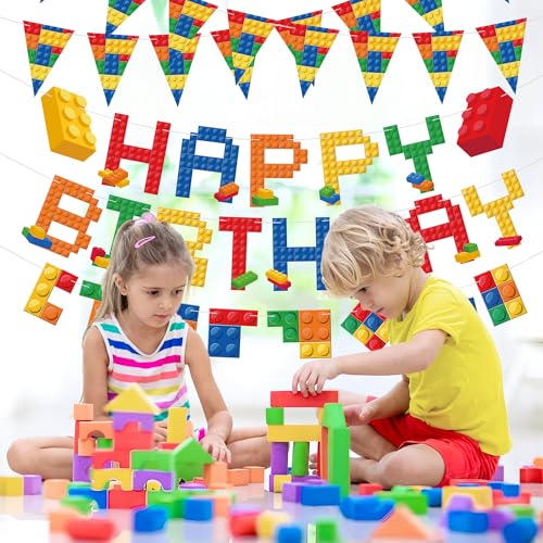 Building Block Birthday Banner Set - Pre-Strung Colorful Brick Decor