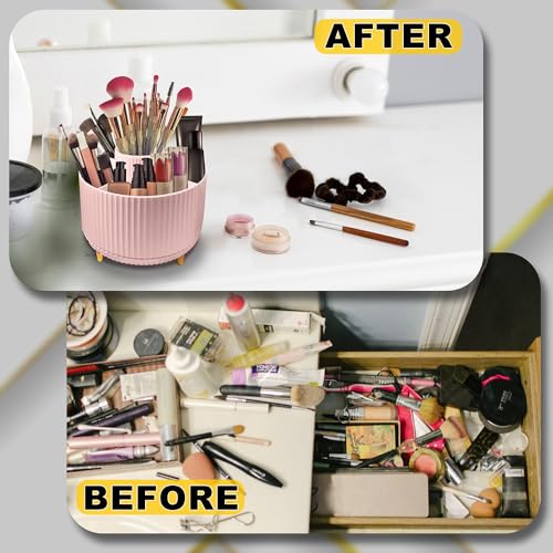 Will Oak Pink Large Makeup Brush Organizer with Compartments, Vanity Storage