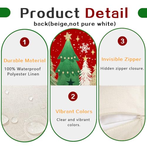 Christmas Pillow Cover 12x20 Inch Waterproof Red Gold Decor