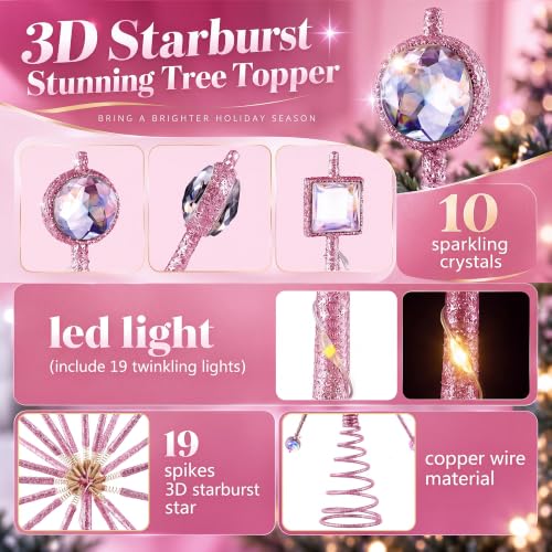 Pink Battery Operated Starburst Christmas Tree Topper Lighted - Mid Century Style
