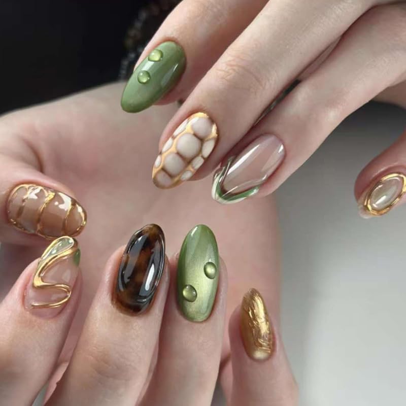 Medium Almond Press on Nails 30Pcs Green Glitter Gilded Lines False Nails