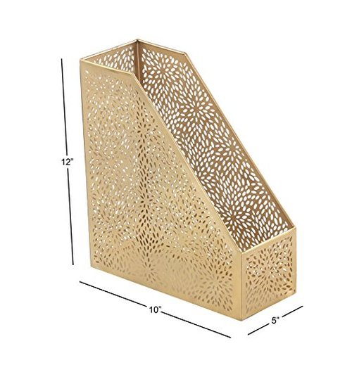 CosmoLiving by Cosmopolitan Metal Single Slot Magazine Holder with Laser Carved Floral Design, 5" x 10" x 12", Gold
