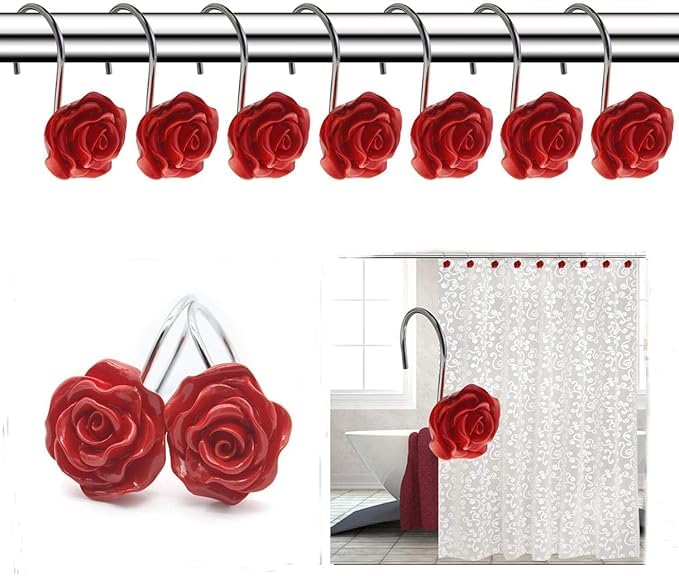 Red Rose Shower Curtain Hooks 12 pcs - Decorative Rust-Resistant Bathroom Rings
