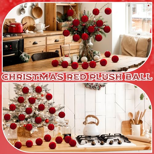 24 Pc Christmas Red Burgundy Velvet Ball Ornaments - 2.76 Inch Flocked Holiday Decor