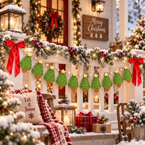 6.7ft Crochet Christmas Tree Garland with Wooden Beads and Red Bows - Rustic Holiday Decor