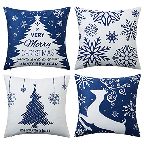 NANAN Blue 18x18 Inch Christmas Pillow Cover Set of 4 Snowflake Merry Christmas Elk Decor