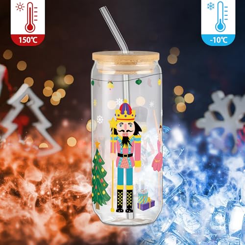 Joeyan Christmas Glass Cups with Lids and Straws - Style 14, 20oz Nutcracker Tumbler Gift Set