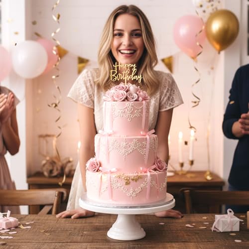 14-Piece Black and Pink Ribbon Bow Cake Toppers with Happy Birthday Sign