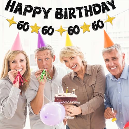 Happy 60th Birthday Banner, Black and Gold Glitter Party Decoration Sign