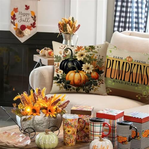 NIGHTWISH Fall Pillow Covers Set of 4 - Pumpkin Vines Floral Decor
