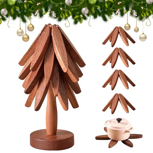 4-Piece Walnut Wooden Christmas Tree Trivet Set for Hot Dishes