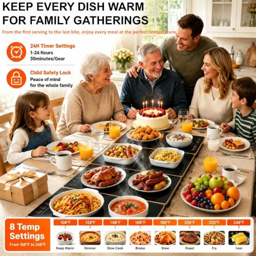 Large Modular Electric Food Warmer with Glass Panels - 35x15 inch, 8 Temp Settings, 24H Timer