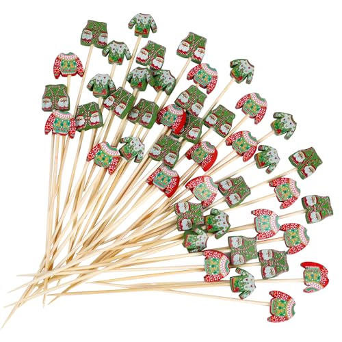 Christmas Sweater Cocktail Picks Set - 150 Wooden Xmas Food & Drink Decorations
