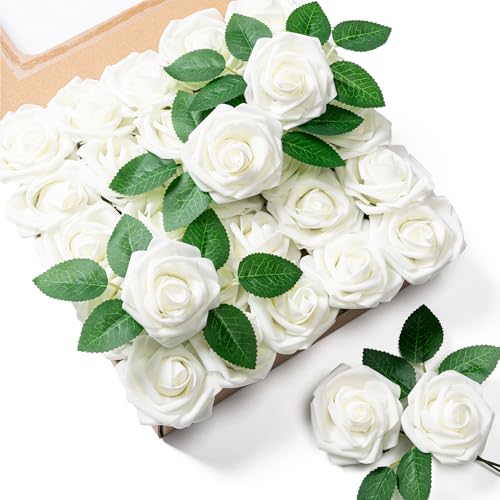 Aegero 25-Piece Ivory Foam Artificial Roses with Bendable Stems