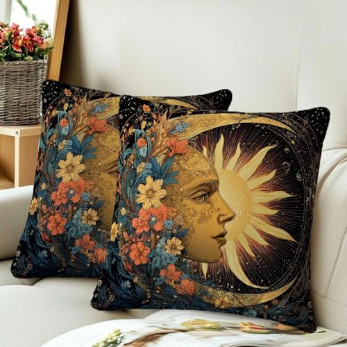 Celestial Sun Moon Throw Pillow Covers Set of 2 - 18x18 Inch