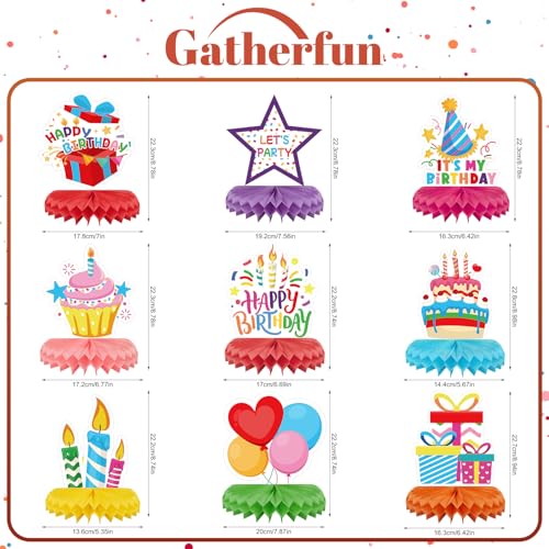 Colorful 9-Piece Birthday Table Decorations - Honeycomb Centerpieces