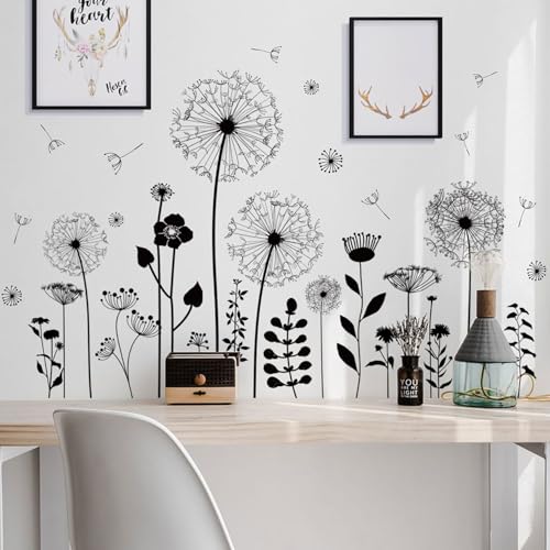 Black Dandelion Wall Decals - Large Floral Vinyl Stickers for Home