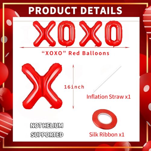 Tedercle 16-Inch XOXO Red Foil Letter Balloons Banner for Valentine's Day