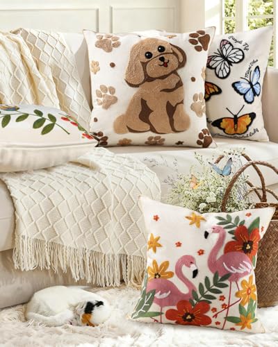 Cute Dog Embroidered Throw Pillow Cover 18x18 - Farmhouse Decor