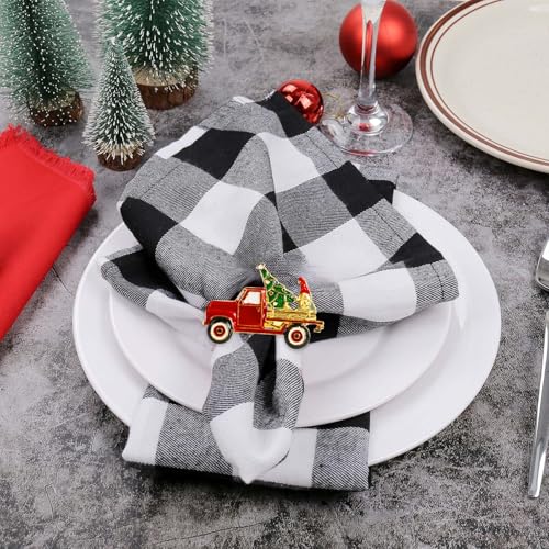 Christmas Car and Tree Napkin Rings Set of 6 - Red Truck & Gnomes Holiday Decor