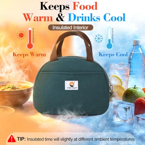 CaCTOUR C-Lake Green Insulated Lunch Bag for Women Girls Teens, Corduroy Cooler Tote, Small Portable Reusable Lunchbox