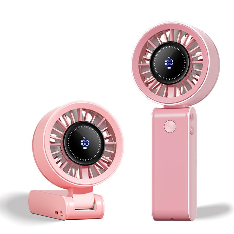 Portable Handheld Fan with LED Display - 5-Speed, 10-Hour Battery, Foldable Design (Pink)