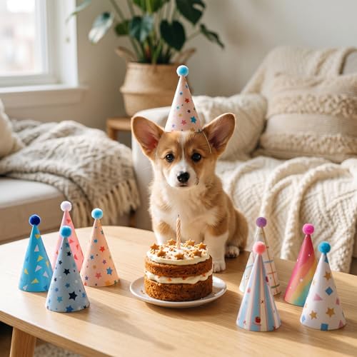 10 Pack Adjustable Party Hats for Pets - Mini Birthday Hats for Dogs & Cats