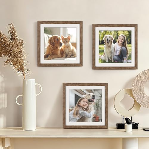 Rustic Brown 10x10 Picture Frame Set with 8x8 Mat - 6 Pack, Square Wall Decor