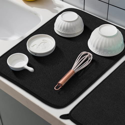 GeeRic Reversible Microfiber Dish Drying Mat 16x12 Inch Black – Ultra Absorbent Kitchen Pad