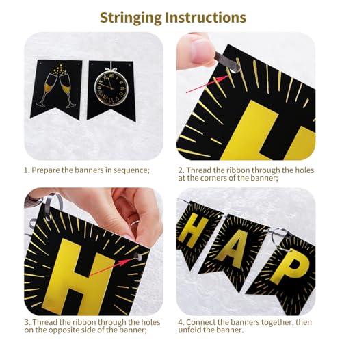 Black and Gold Happy New Year Banner 15pcs Party Decorations