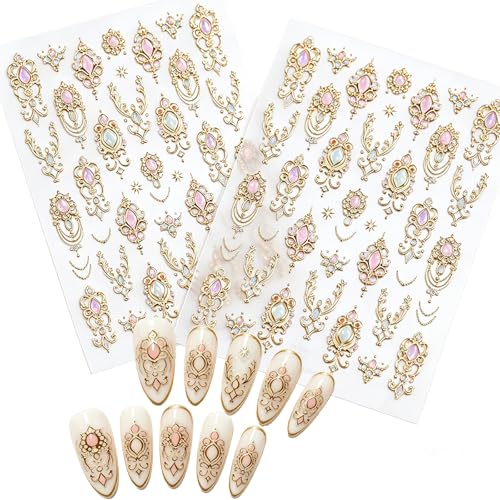 Porszova 3D Embossed Gold Gemstone Nail Stickers - 2 Sheets