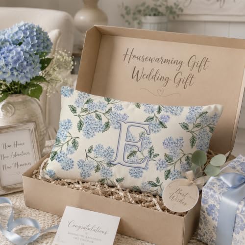 Personalized Blue Hydrangea Monogram Letter E Lumbar Pillow Cover 12x20