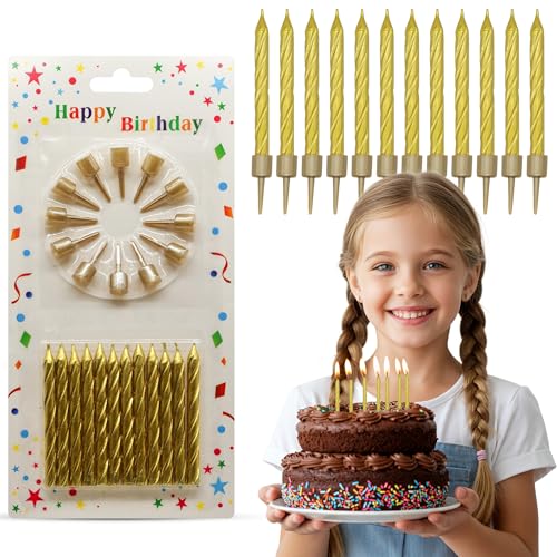 Gold Spiral Birthday Candles Set with Holders - Pack of 12