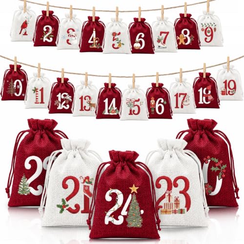 Christmas Advent Calendar Bags - Red & White, 24 Count Holiday Countdown Decor