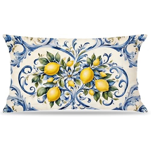 EUYTHNGYF 20x12 Blue Porcelain Lemon Coastal Pillow Cover - Italian Lemon Fruit Home Decor