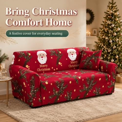 Christmas Sofa Cover - 4 Seats Santa Claus Print Slipcover with Elastic Bottom