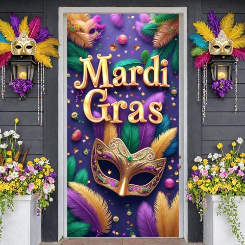Mardi Gras Door Cover Banner - Purple Mask Fat Tuesday Decor