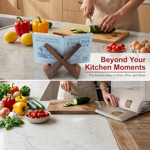 Rustic Wooden Cookbook Stand - Adjustable Recipe Holder for Kitchen