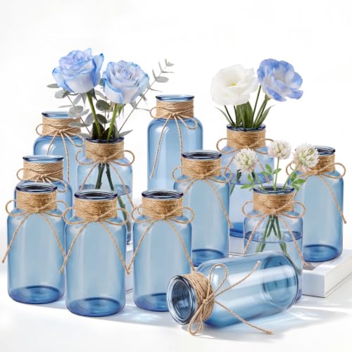 Dark Blue Mason Jars Set of 12 - Glass Flower Vase Centerpieces with Jute Tie