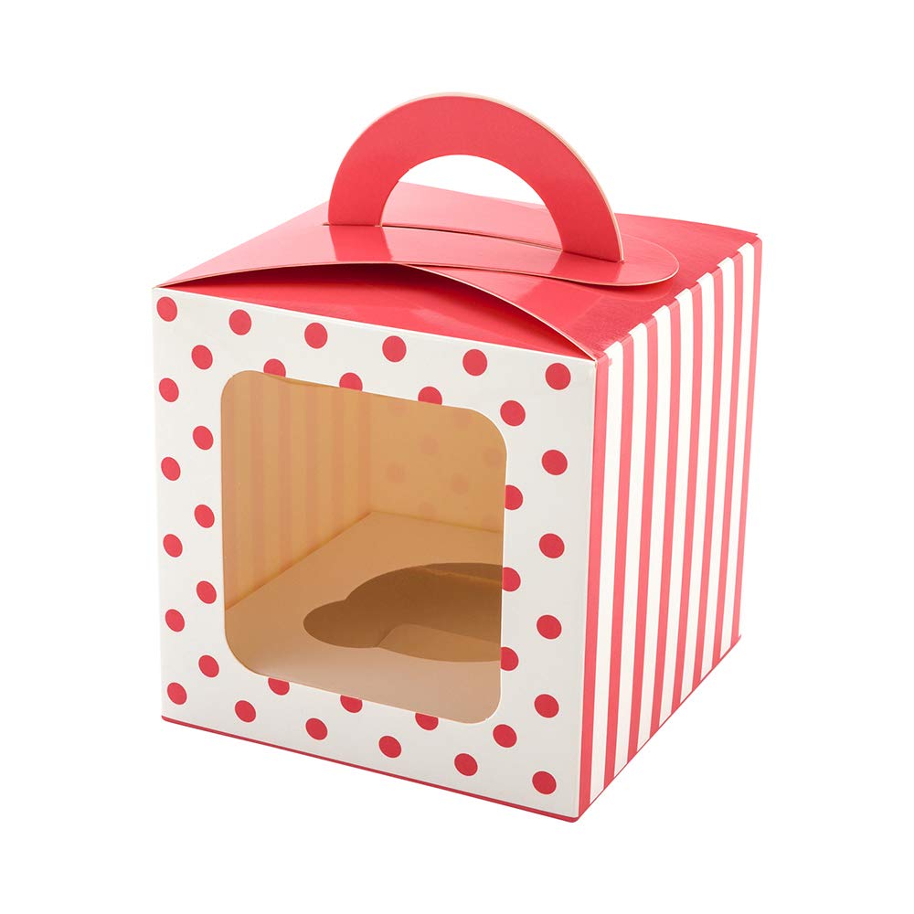 Restaurantware Pastry Tek 4.5 Inch Individual Cupcake Boxes 100 Polka Dots Cupcake Favor Boxes - Fits 1 With Window Pink Paper Cupcake Gift Boxes Built In Handle For Weddings Or Parties