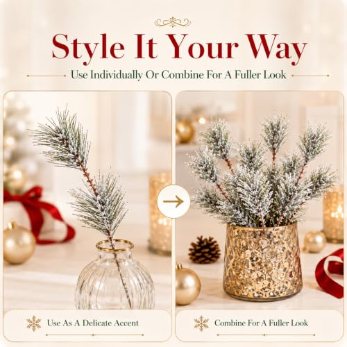 RAINFLOW Snowy Faux Pine Needle Picks - 10PCS Christmas Decor
