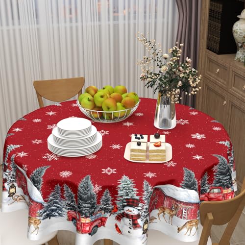 Kawani Christmas Snowman Red Round Tablecloth 60 Inch Holiday Decor