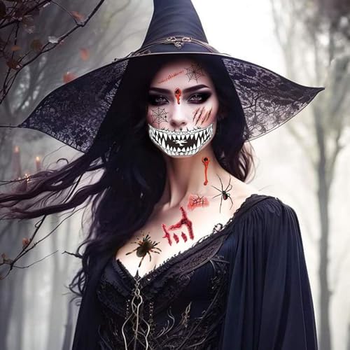 EIKEJI Realistic Halloween Temporary Tattoos - Clown Mouth, Zombie Scars & Spiders