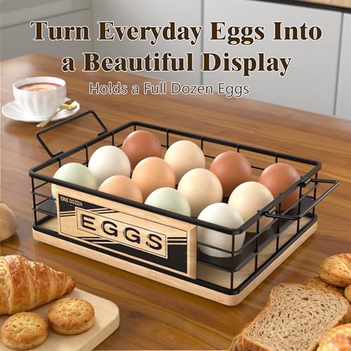 Farmhouse Egg Holder Countertop with Oak Wood & Metal - Natural & Black