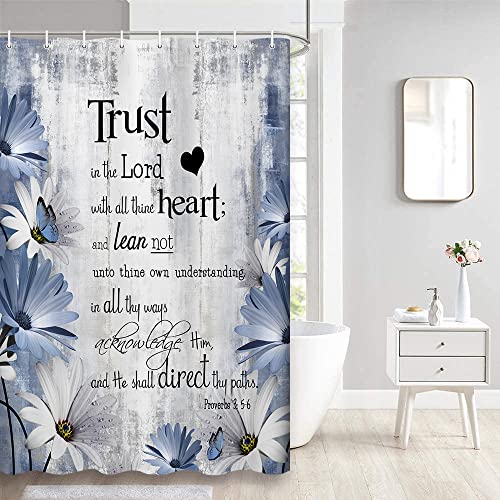 Rustic Farmhouse Inspirational Bible Verse Shower Curtain, Blue, 36x70-inch