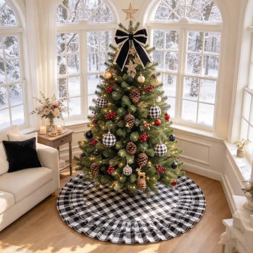 Yuboo Buffalo Plaid Christmas Tree Skirt 48 Inch Black & White Ruffled Decor