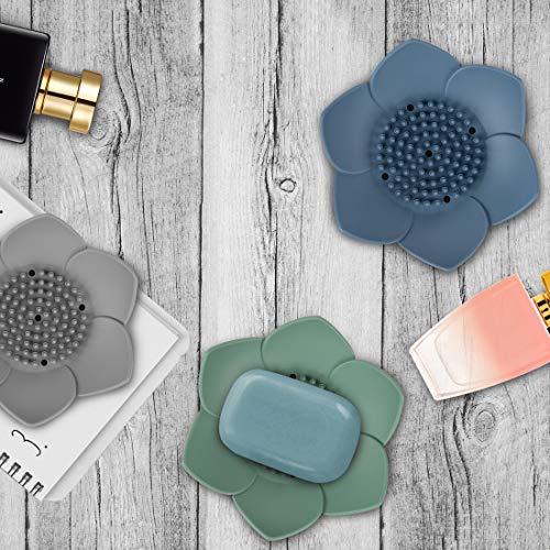 ReignSword Lotus Silicone Soap Dish Holder - 3 Pack (Blue, Green, Grey)