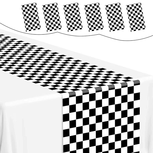 Black and White Checkered Table Runner Set - 6 Pcs 14x108 Inch for Racing Theme Parties